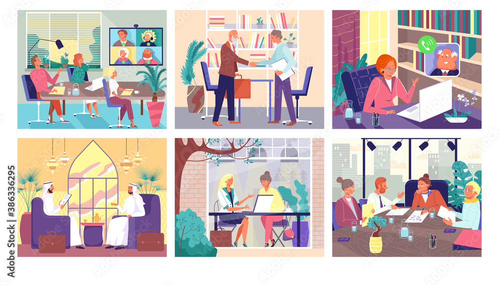 Business meeting in office, teamwork people, businessmen of different nationality set of vector illustrations. Group of colleagues in conference meeting room during presentation, partners. Business meeting in office, teamwork people, businessmen of different nationality set of vector illustrations. Group of colleagues in conference meeting room during presentation, partners.