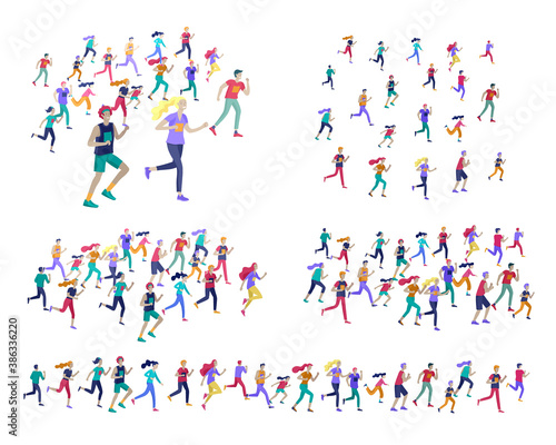 People Marathon Running Sport race sprint, concept illustration running men and women wearing sportswer in landscape. Jogging at Training. Healthy Active Speed Exercise. Cartoon Vector