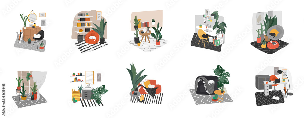 Fototapeta premium Landing page template for interior design. Hand drawn scandinavian cozy style bathroom, home office and living room. Nordic style interiors with homeplants. Cartoon vector illustration