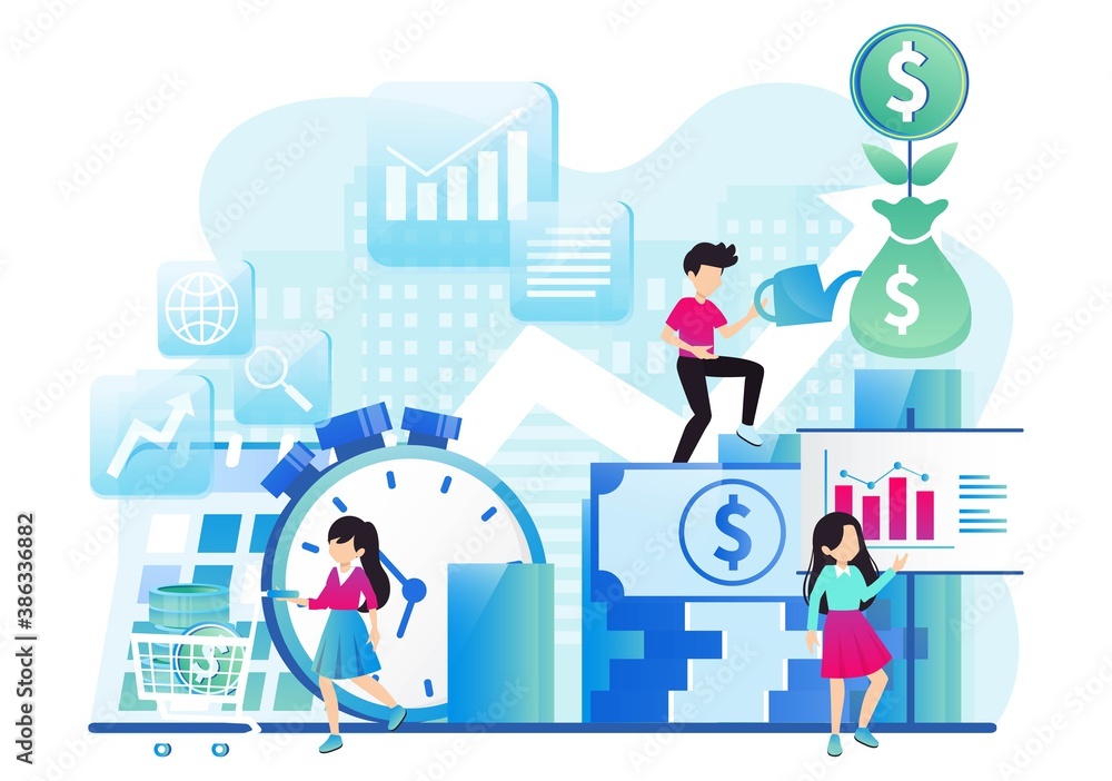 Business people working together and growing a successful financial chart with sprouting plants on a digital tablet: investments and finance concept. Vector illustration Business people working together and growing a successful financial chart with sprouting plants on a digital tablet: investments and finance concept. Vector illustration