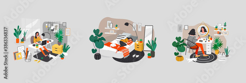 Set of beautiful girl in daily life scenes. Young woman shopping, makes up, sleeping, relaxes, takes bath, chooses clothes, playing with cat, working, watering flower. Flat cartoon vector illustration