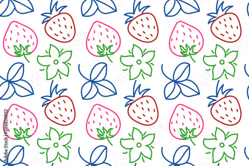 Doodle line strawberry and leaves. Seamless floral pattern. Vector leaf. Fashion dress print. Design for textile or clothes. Flowers sketch. Hand drawn outline repeating elements. Natural background