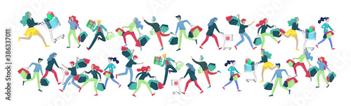Collection of people carrying shopping bags with purchases. Madness on sale, line of crazy Men and women taking part in seasonal sale at store, shop, mall. Cartoon characters concept for black friday.