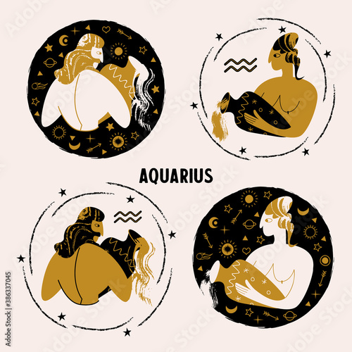 Horoscope and astrology. The zodiac sign Aquarius. Black and gold. Vector illustration in a flat style.