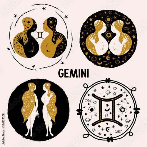 Gemini. Zodiac sign. Two girls are twins. Constellation of Gemini. Vector illustration in a flat style.