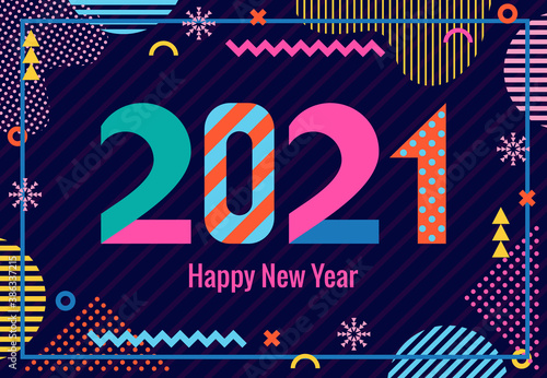 Stylish greeting card. Happy New Year 2021. Trendy geometric font in memphis style of 80s-90s. Digits and abstract geometric shapes on striped dark blue background