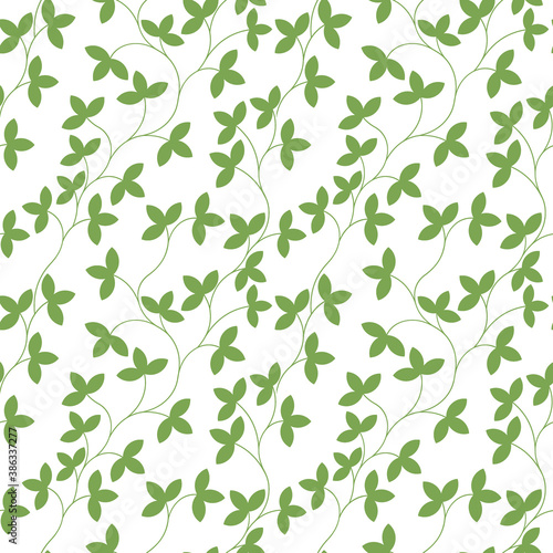 Seamless pattern. Thin green delicate twigs with leaves isolated on white background. Texture for print, wallpaper, home decor, textile, package design