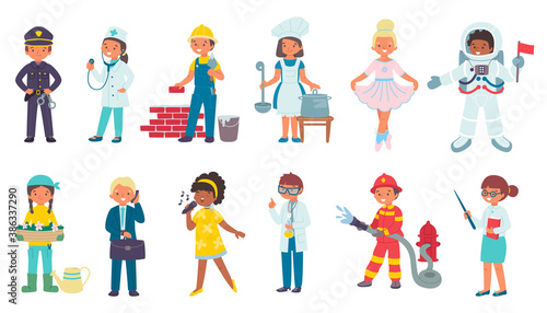 Children in costumes of different professions, isolated on white set of vector illustrations. Doctor, professional worker, fireman police and cook, artist, kids professing work collection.