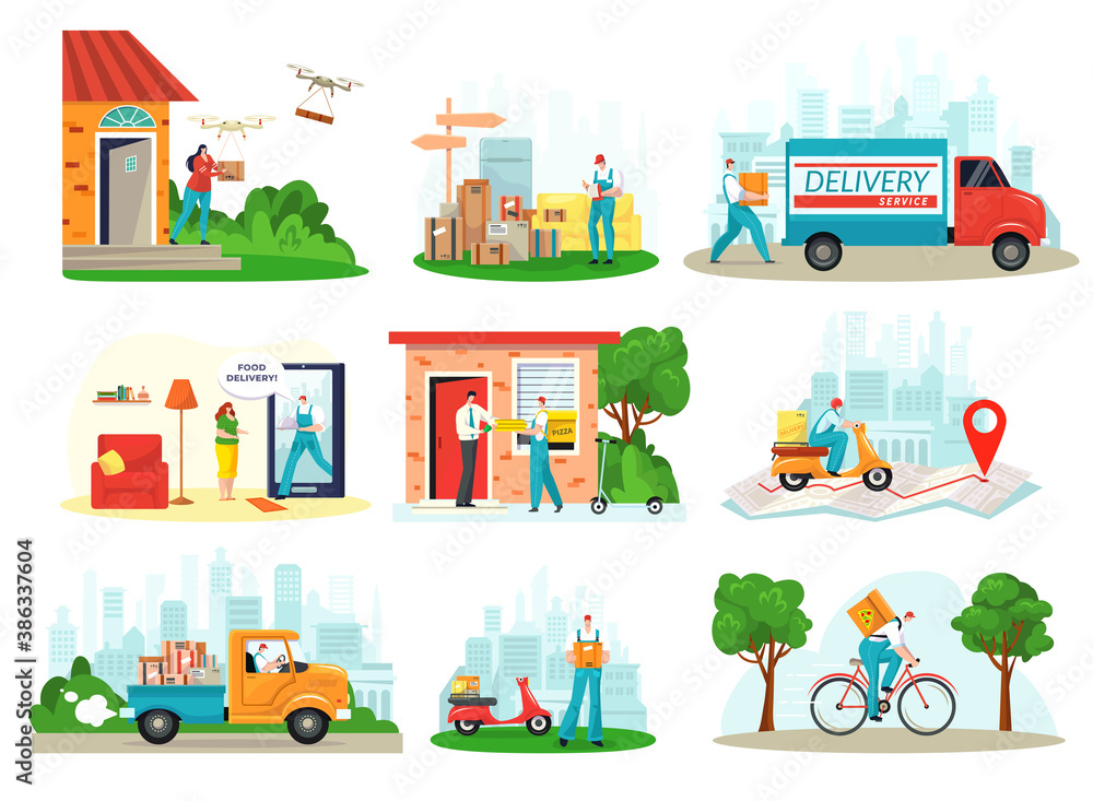 Delivery service, courier delivering box, shipping packages, freight logistic business icons flat set isolated vector illustration. Deliverman on bike, express truck, bicycle, postman and shipmen.