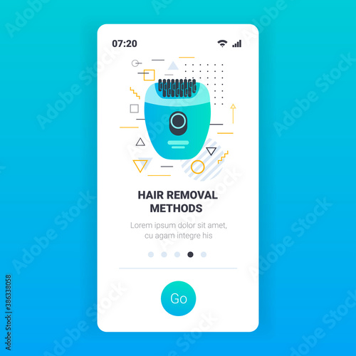 modern electric epilator hair removal methods concept epilation and depilation instrument copy space smartphone screen mobile app vector illustration