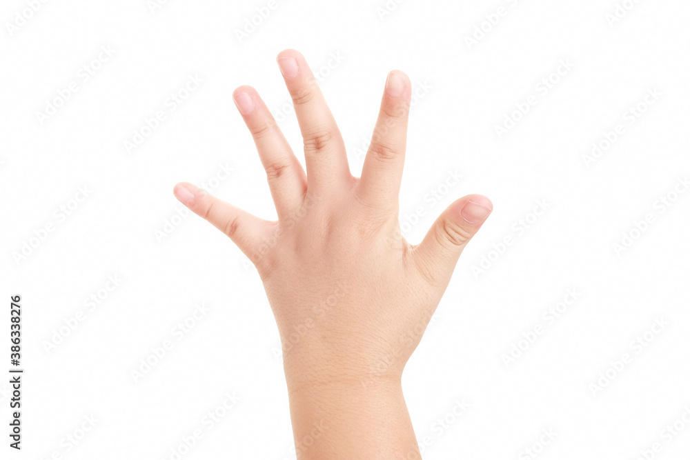 Boy's hand shown five finger symbol on isolated white background for graphic designer. Boy's hand shown five finger symbol on isolated white background for graphic designer.