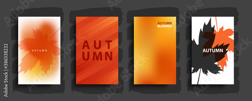 Autumn backgrounds set with modern abstract blurred gradient patterns and maple leafs. Templates collection for fall season posters, banners, flyers and cards. Vector illustration.