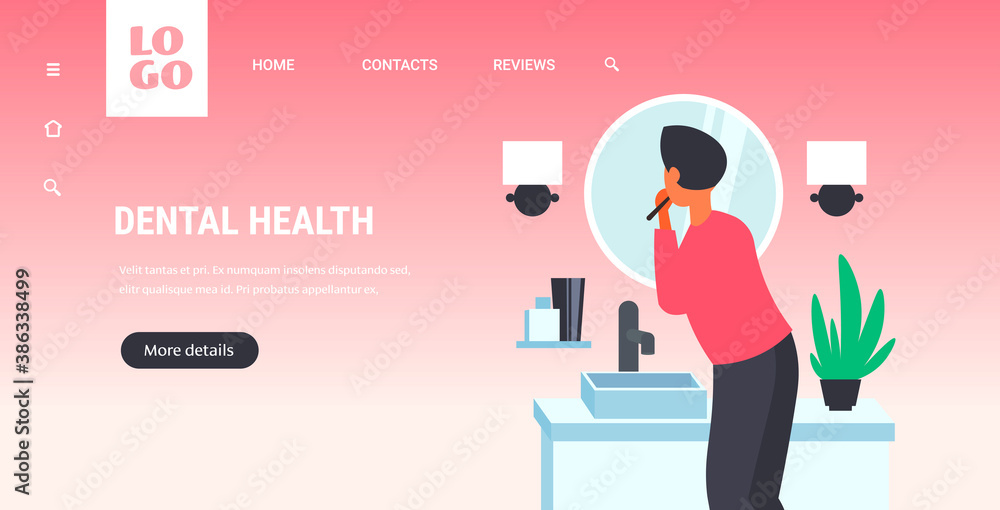 man looking to mirror brushing teeth with toothbrush in bathroom health care dental hygiene concept rear view horizontal copy space vector illustration