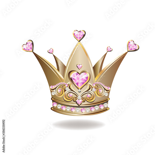 Beautiful golden princess crown with pearls and jewels. Vector illustration on white background.