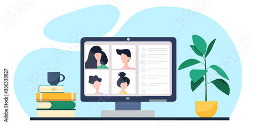 
laptop concept with illustration of a group of people participating in a video conference with an application, video calls of men and women together. vector illustration in flat style