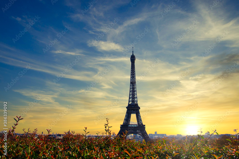 .The Eiffel Tower on a beautiful autumn day in Paris