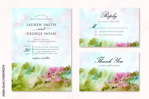 wedding invitation suite with abstract flower meadow landscape watercolor