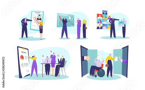 Job rejection concept, human resources, job application, job interviewer rejected vector illustration. Hr manager decline employment candidate who failed interviewing. Reject job interview.