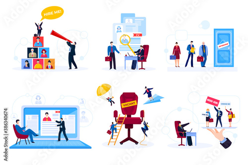 Job search reccruitment, work vacant, employment and career, human resources concept, isolated vector illustrations set. Candidates searching job, hiring professionals, hr manager interview.