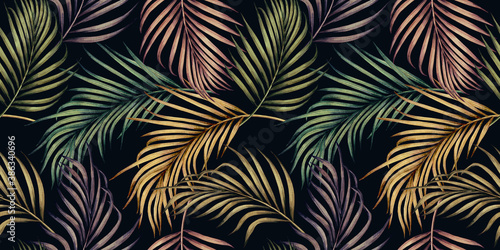 Watercolor painting colorful tropical green,pink leaves seamless pattern background.Watercolor hand drawn illustration tropical exotic leaf prints for wallpaper,textile Hawaii aloha summer style.