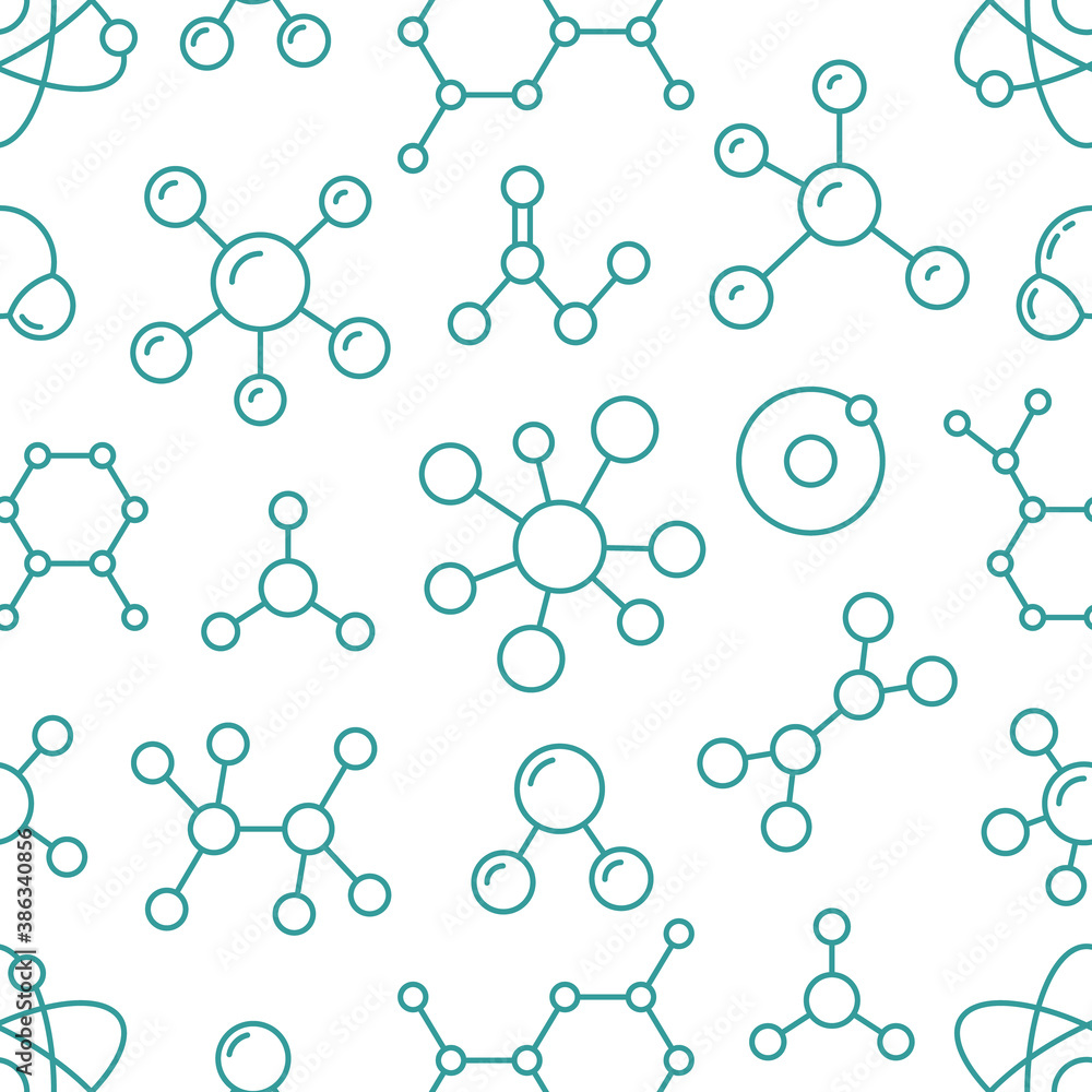 Molecule background, abstract science seamless pattern. Medical, chemistry wallpaper with atom line icons. Scientific research vector illustration, blue white color
