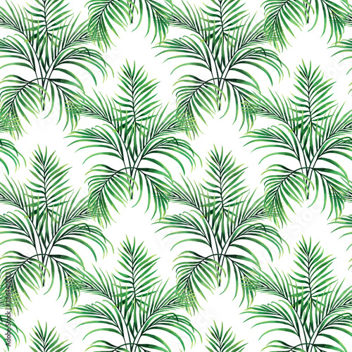 Watercolor painting palm green coconut leaves seamless pattern background.Watercolor hand drawn illustration tropical exotic leaf prints for wallpaper,textile Hawaii aloha summer style. © nongnuch_l