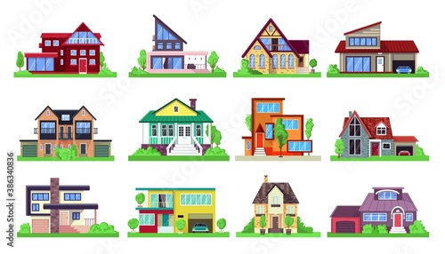Modern cottages set, houses exterior isolated vector illustrations front view architecture with roof. Townhouse building residential estate apartment. Modern cottage home facade with door and windows.
