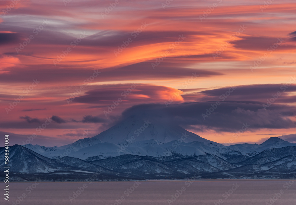 Kamchatka, sunset over Vilyuchinsky volcano