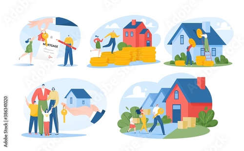 Mortgage concept, family renting house, home search isolated on white vector illustrations set. Mortage of real estate, rent country house, investment, coins, agreement of rental and key for new home.