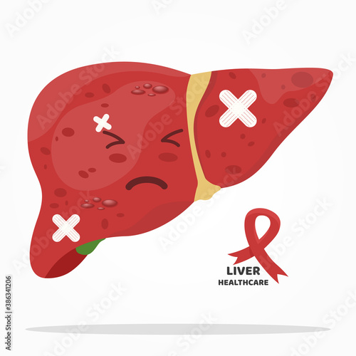 Liver cartoon character painful expression are Internal organ requires care or medical treatment due to disease or impact of adverse on health. Liver cancer sign ribbon.