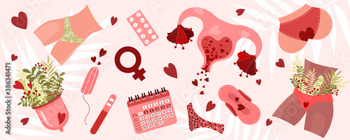 Menstrual period Vector. Menstrual cup, tampon, underpants, uterus and other personal care products. Flat stock illustration.