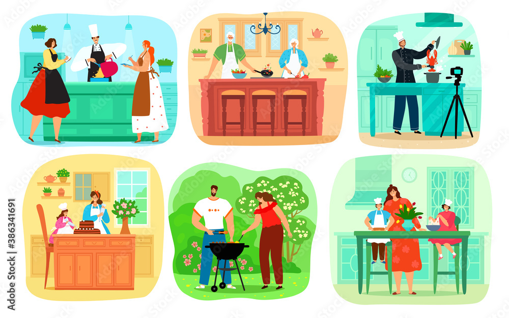 Set of people cooking food, collection of characters cook in kitchen, outdoors, with children and chef vector illustrations. Couple make bbq, mother and daughter baking, Grandparents with cookery.
