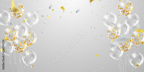 Celebration party banner with Gold balloons confetti Clear white transparent background. design Sale Vector illustration.