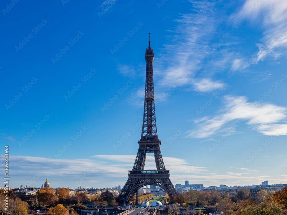 The Eiffel Tower on a beautiful autumn day in Paris