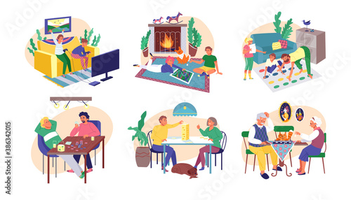 Set of people playing board, video games collection of isolated vector illustrations. Leisure for family at home. Table games entertainment. Friends gamers play with computer, grandparents play chess.