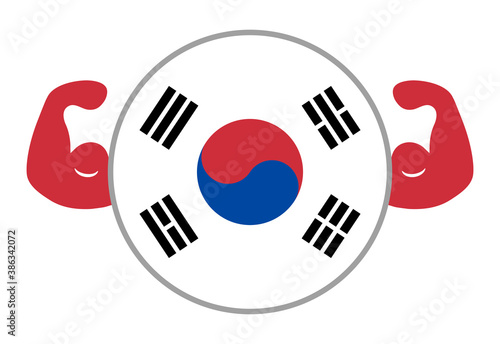強い韓国のイメージイラスト（円形の韓国国旗と力こぶ）