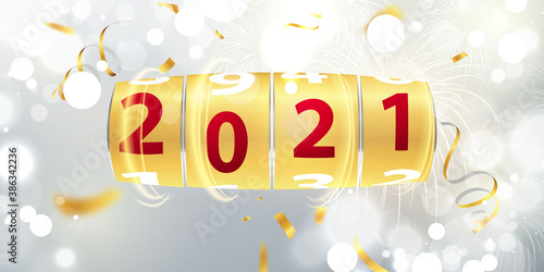 Happy New Year 2021 background. Greeting card design template gold. Celebrate brochure or flyer.