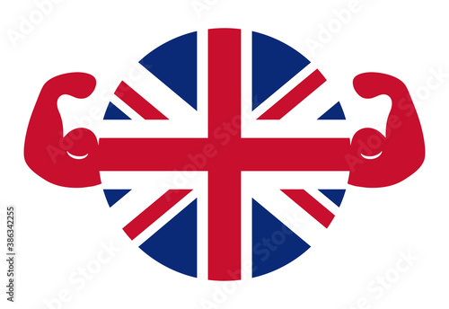 強いイギリスのイメージイラスト（円形のイギリス国旗と力こぶ）
