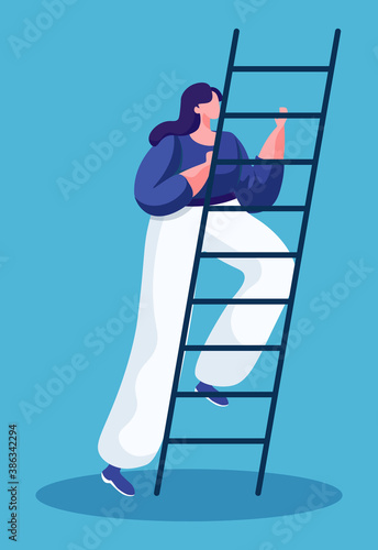 Woman going upstairs to achieve success isolated lady in flat cartoon style. Vector illustration of girl standing on ladder, business achievements and progress concept. Girl climbing up stairs
