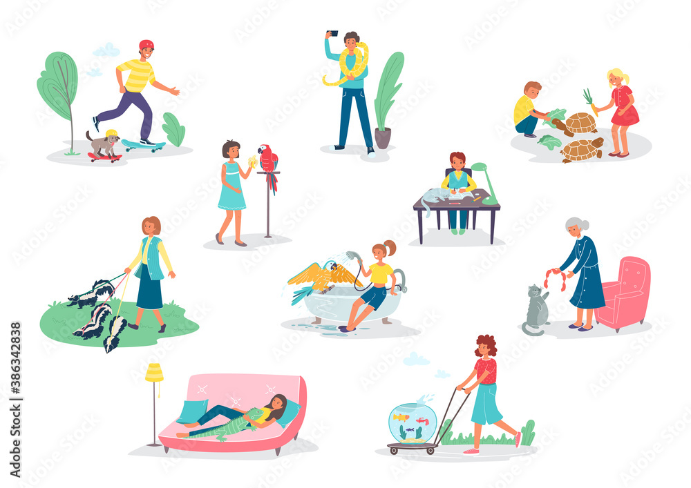People with pets isolated set of men and women holding their domestic animals, isolated vector illustrations set. People with dogs, cats, parrot and unusual pets like snake, amphibia and fishes.