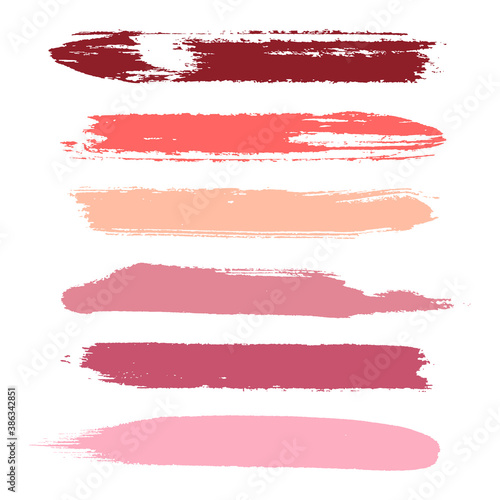 Makeup strokes, Set of lipstick swatches, Beauty and cosmetic nude, pink and red brush smudges vector background. smear make up lines collection, liquid make up texture isolated on white.