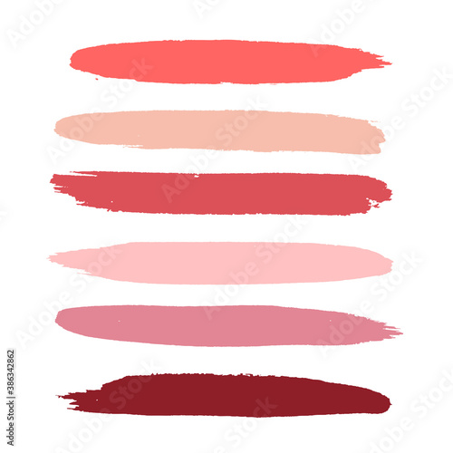 Makeup strokes  Set of lipstick swatches  Beauty and cosmetic nude  pink and red brush smudges vector background. smear make up lines collection  liquid make up texture isolated on white.