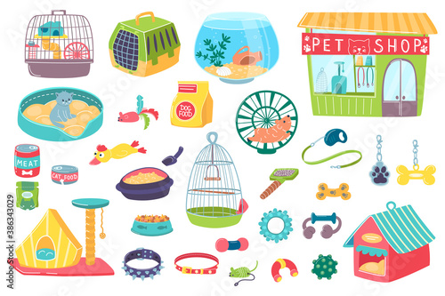 Pet shop for domestic animals care accessory objects and icons set of isolated vector illustrations. Cages, cats houses, bowls, wooden kennel dog-lead toys and brushes and pet shop facade.