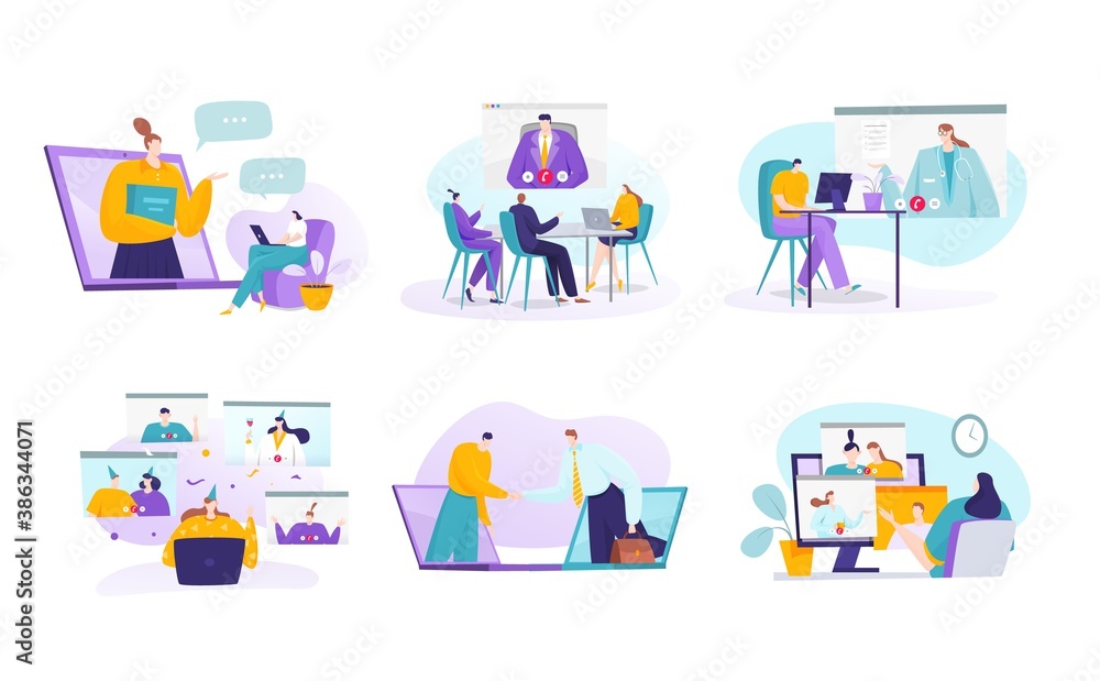 Video call, conference online by internet concept of communication set of vector illustrations. Colleagues talk to each other on computer screen. Conference video call, working from home. Video call, conference online by internet concept of communication set of vector illustrations. Colleagues talk to each other on computer screen. Conference video call, working from home.
