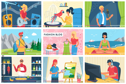 Video bloggers set of vector illustrations banners. Vblog online make review. Share content in internet. Popular people social communication and streaming online. Education and fashion blog.