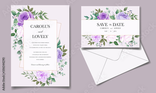 Elegant set of wedding invitation cards with beautiful purple floral