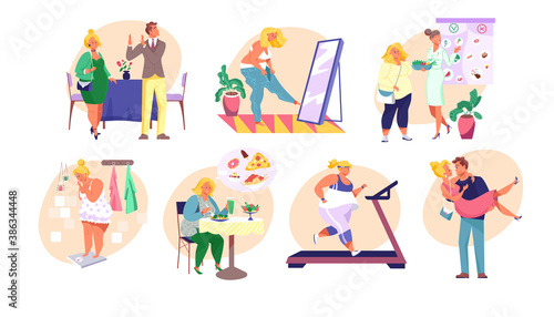 Woman on diet set of isolated vector illustrations. Loss of weight, dietolog consultation, health. Process of loosing weight. Changes from thick to thin. Goal achievement and dietary products. © Vectorwonderland