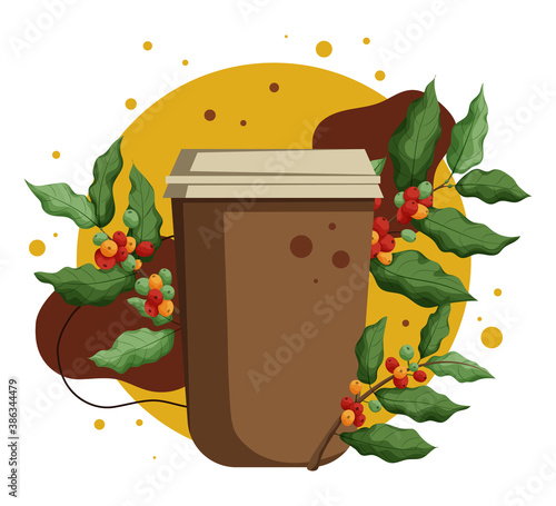 Coffee to go surrounded by coffee branches and beans. Modern design for poster, banner, package, print. Vector illustration.