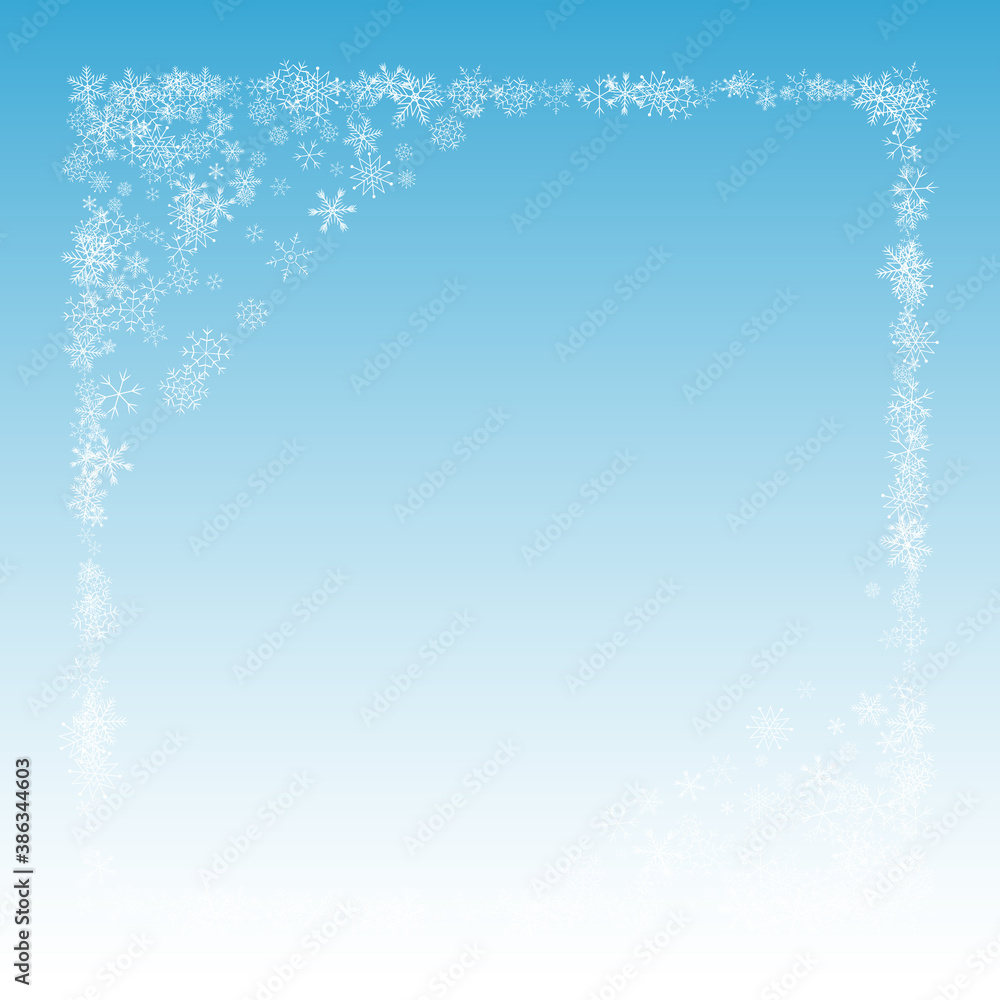 White Snow Vector Blue Background. New Snowfall 