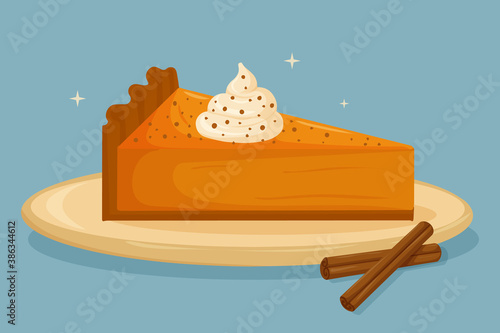 Sweet piece of pumpkin pie with cinnamon. Happy Thanksgiving day. Design for Holidays invitation card, poster, banner, postcard, print. Vector illustration. photo